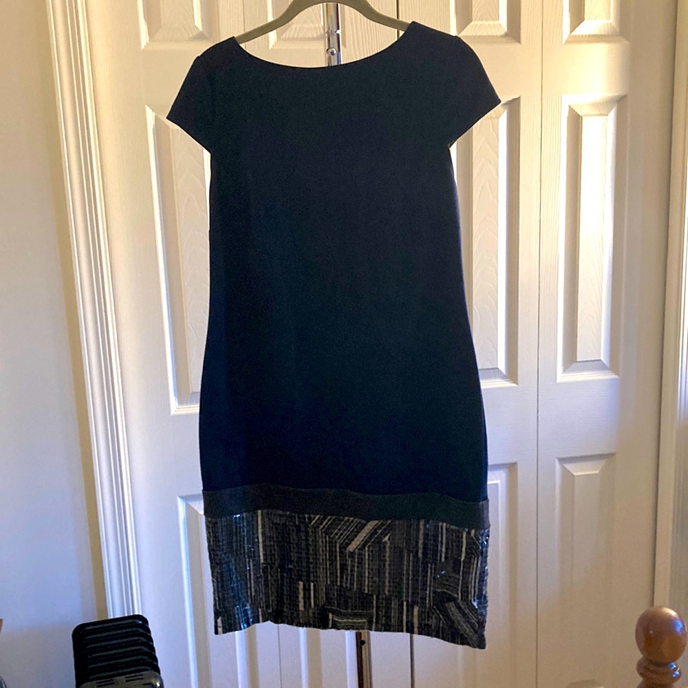 Navy dress with sequin drip waist detail